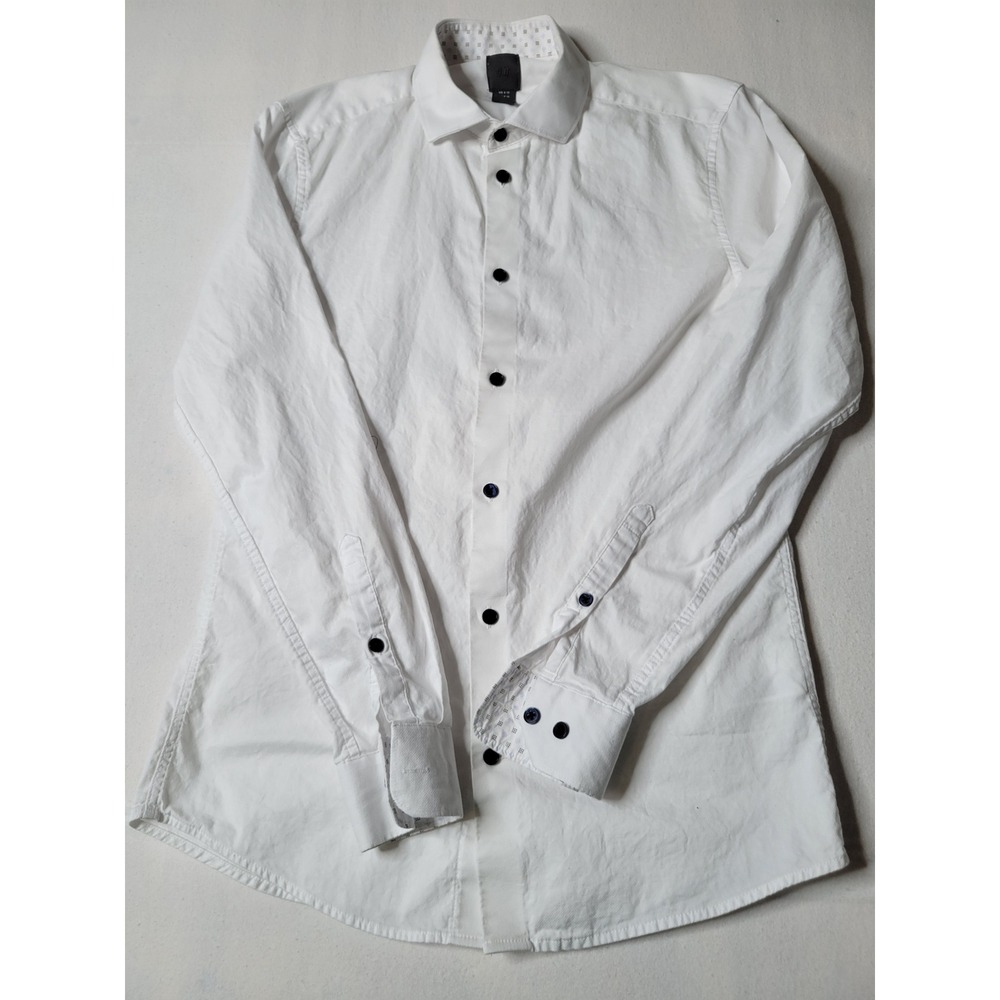 HM Mens White Textured Button Down Shirt Long Sleeve Small Contrast Buttons 2115
